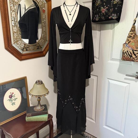 VTG Y2K Black & Purple Beaded Silver Sequin Asymmetrical Dark Fairy Maxi Skirt - Picture 3 of 8